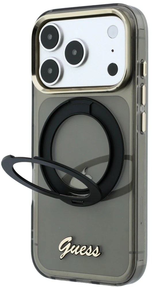 Dėklas Guess IML Ring Stand 360 Script Metal Logo MagSafe Case for iPhone 17 Pro Max / 18 Pro Max - Juoda