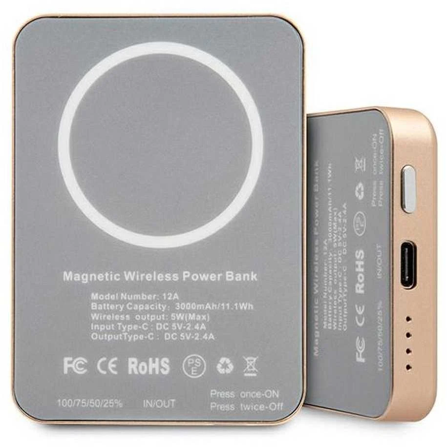„Guess“ 5 W belaidė išorinė baterija GUPBMSVSLG 3000 mAh, aukso spalvos, „MagSafe“
