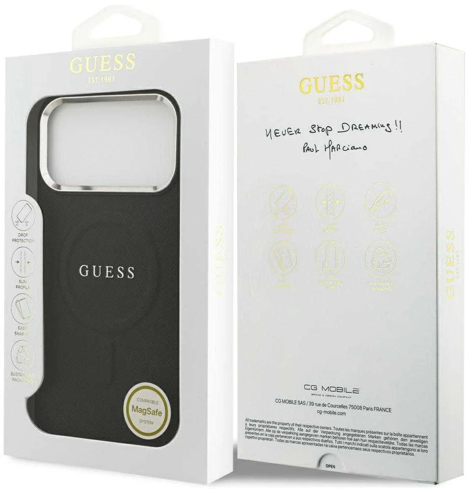 Guess PU Saffiano MagSafe dėklas skirtas Apple iPhone 17 Pro Max juodos spalvos