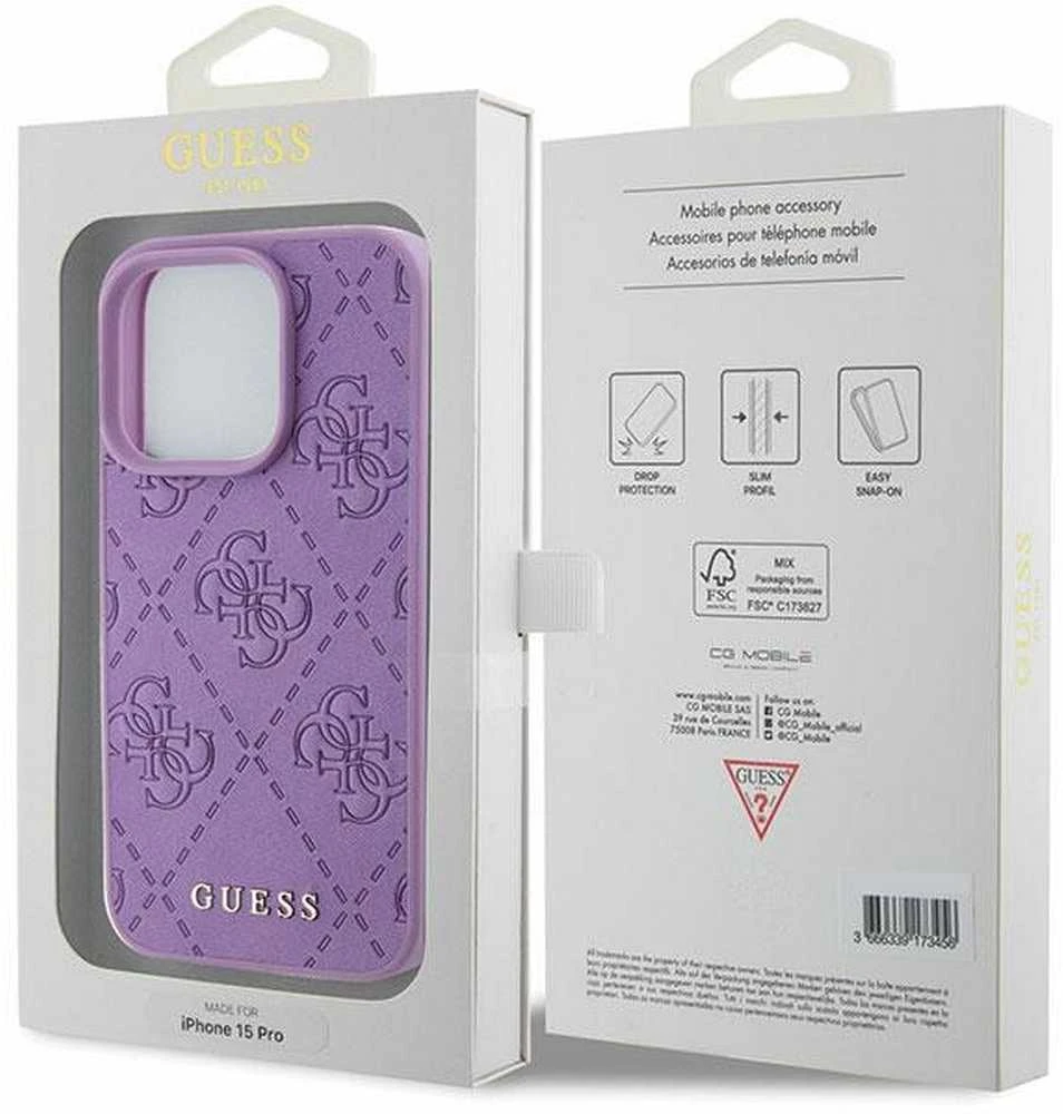 Guess GUHCP15XP4EPMU Apple iPhone 15 Pro Max 6.7″ light violetinės spalvos kietas dėklas Leather 4G Stamped