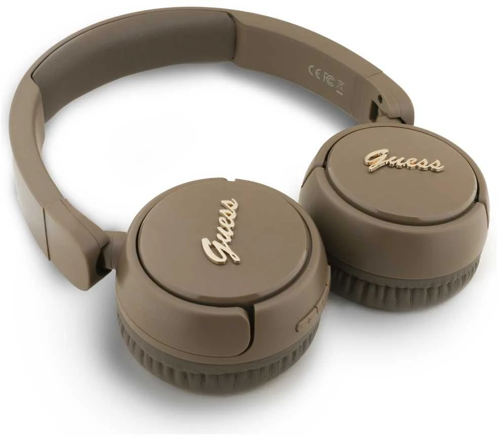 Guess Script Metal Logo belaidės ausinės rudos spalvos