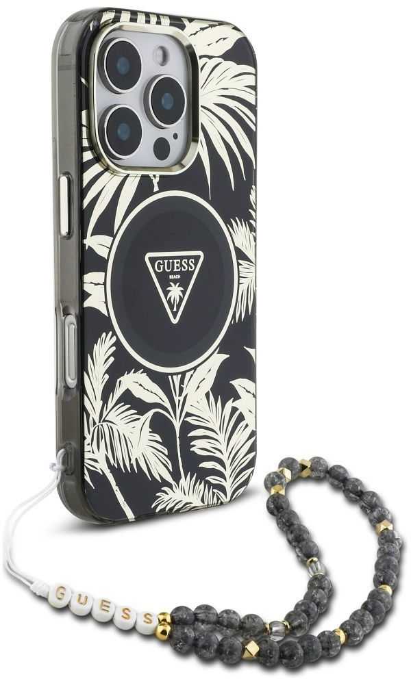 Guess Palm Trees Triangle Pearl Strap MagSafe - dėklas skirtas Apple iPhone 16 Pro juodas