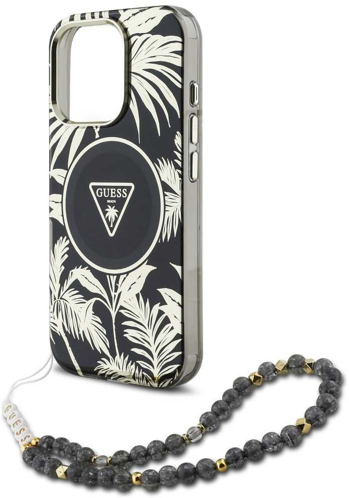 Guess Palm Trees Triangle Pearl Strap MagSafe - dėklas skirtas Apple iPhone 16 Pro juodas