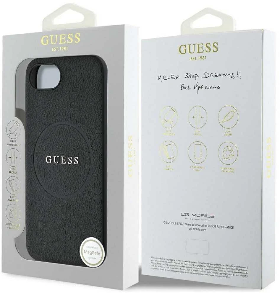 GUESS dėklas skirtas Apple iPhone 16e (SE 4 2025) suderinamas su MagSafe GUHMPSE4PGHSMMK (PU Grained Gold Ring) juodos spalvos