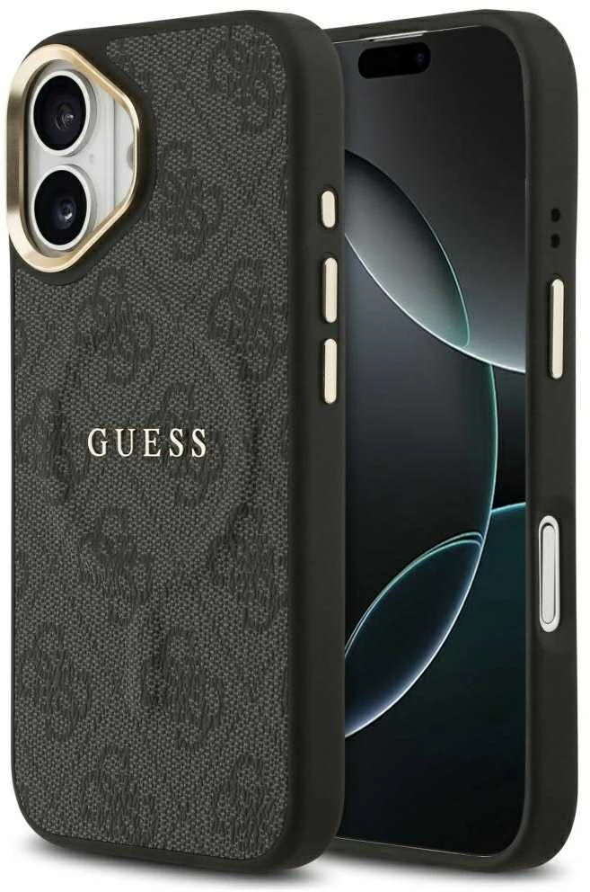 Guess PU Leather 4G Gold Frame MagSafe dėklas skirtas Apple iPhone 17 juodos spalvos