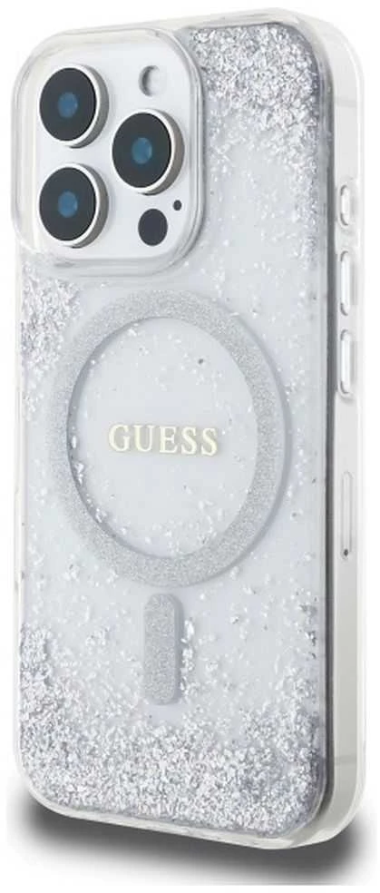 Guess GUHMP16LRGRGES Apple iPhone 16 Pro 6.3″ sidabrinis kietas dėklas Resin Gradient Glitter MagSafe