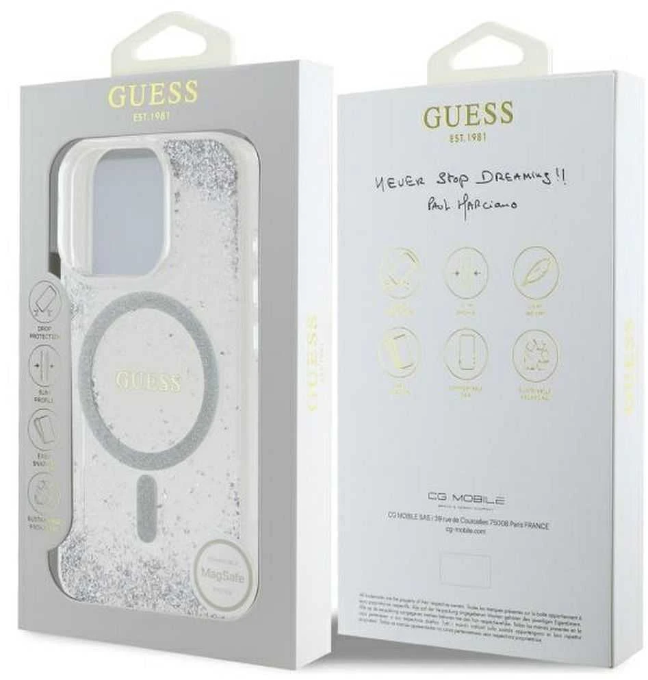 Guess GUHMP16LRGRGES Apple iPhone 16 Pro 6.3″ sidabrinis kietas dėklas Resin Gradient Glitter MagSafe