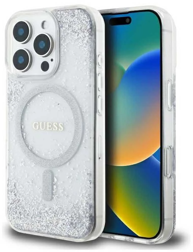 Guess GUHMP16LRGRGES Apple iPhone 16 Pro 6.3″ sidabrinis kietas dėklas Resin Gradient Glitter MagSafe