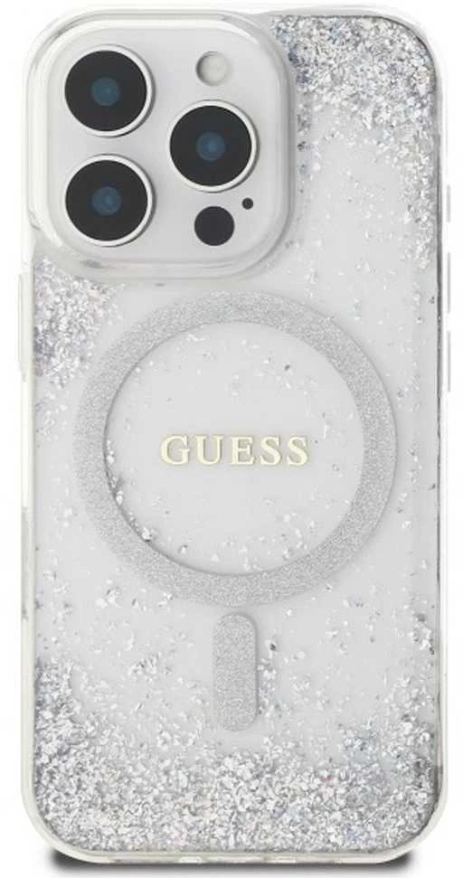 Guess GUHMP16LRGRGES Apple iPhone 16 Pro 6.3″ sidabrinis kietas dėklas Resin Gradient Glitter MagSafe