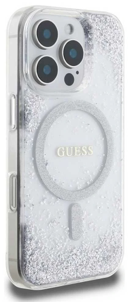 Guess GUHMP16LRGRGES Apple iPhone 16 Pro 6.3″ sidabrinis kietas dėklas Resin Gradient Glitter MagSafe