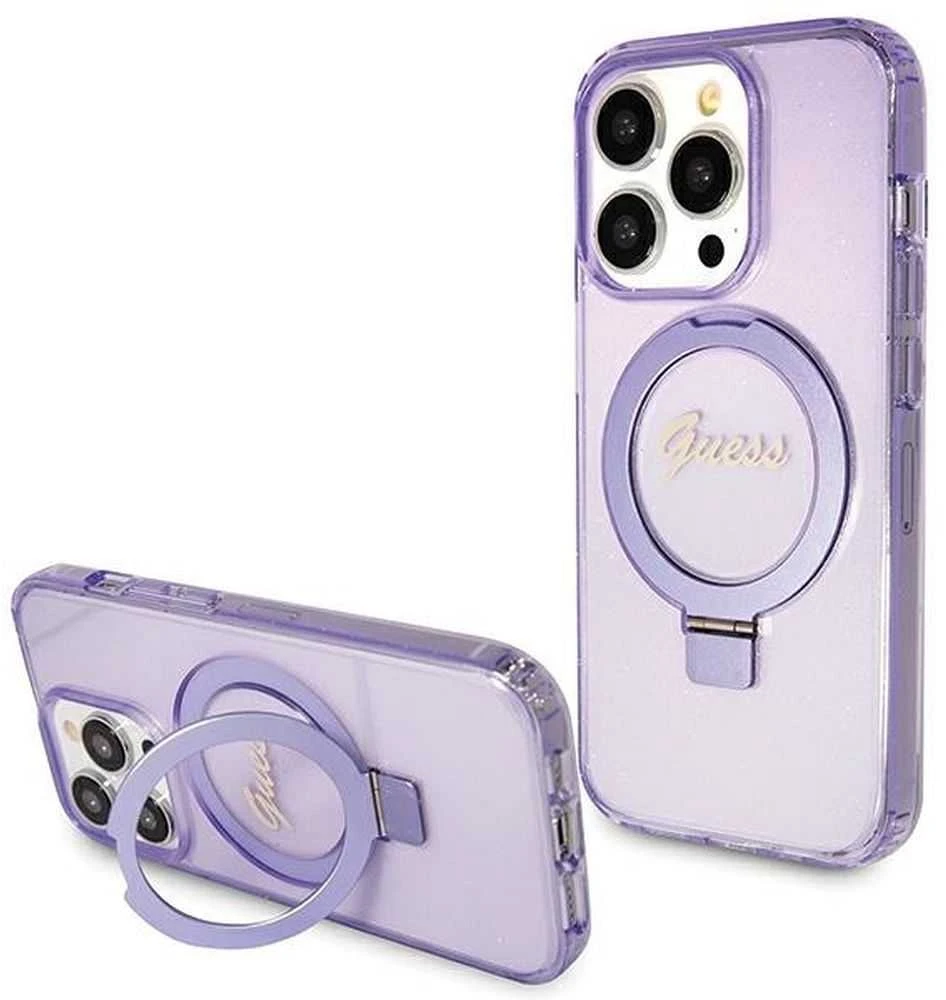 Guess GUHMP15LHRSGSU Apple iPhone 15 Pro 6.1″ violetinės spalvos kietas dėklas Ring Stand Script Glitter MagSafe