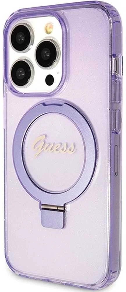 Guess GUHMP15LHRSGSU Apple iPhone 15 Pro 6.1″ violetinės spalvos kietas dėklas Ring Stand Script Glitter MagSafe