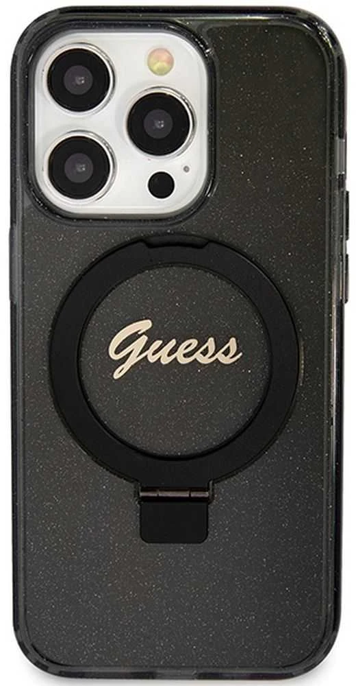 Dėklas GUESS GUHMP15XHRSGSK IPHONE 15 PRO MAX 6.7 "Juodas/Juodas HARDCASE RING STAND SCRIPT GLITTER MAGSAFE