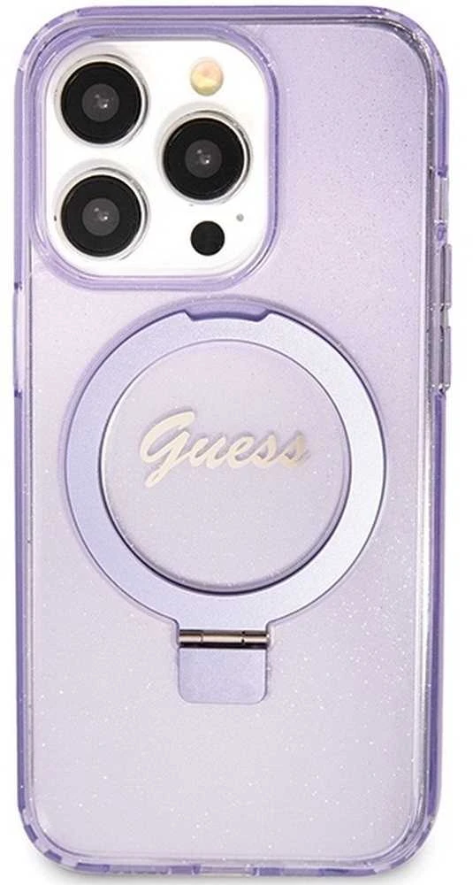 Guess GUHMP15LHRSGSU Apple iPhone 15 Pro 6.1″ violetinės spalvos kietas dėklas Ring Stand Script Glitter MagSafe