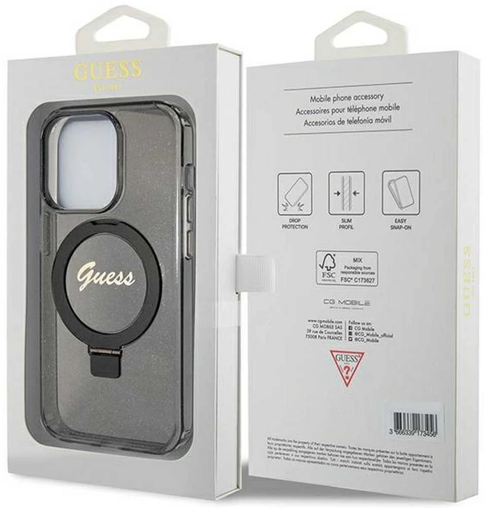 Dėklas GUESS GUHMP15XHRSGSK IPHONE 15 PRO MAX 6.7 "Juodas/Juodas HARDCASE RING STAND SCRIPT GLITTER MAGSAFE
