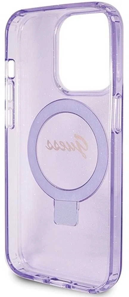 Guess GUHMP15LHRSGSU Apple iPhone 15 Pro 6.1″ violetinės spalvos kietas dėklas Ring Stand Script Glitter MagSafe