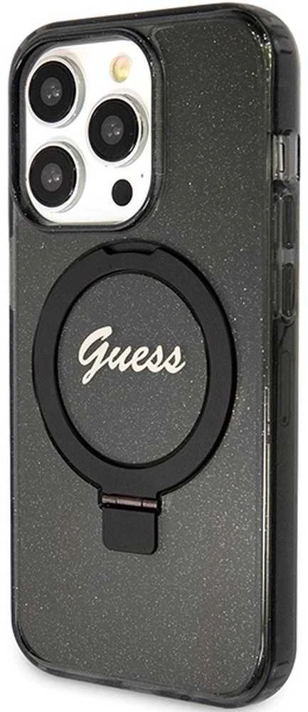 Dėklas GUESS GUHMP15XHRSGSK IPHONE 15 PRO MAX 6.7 "Juodas/Juodas HARDCASE RING STAND SCRIPT GLITTER MAGSAFE