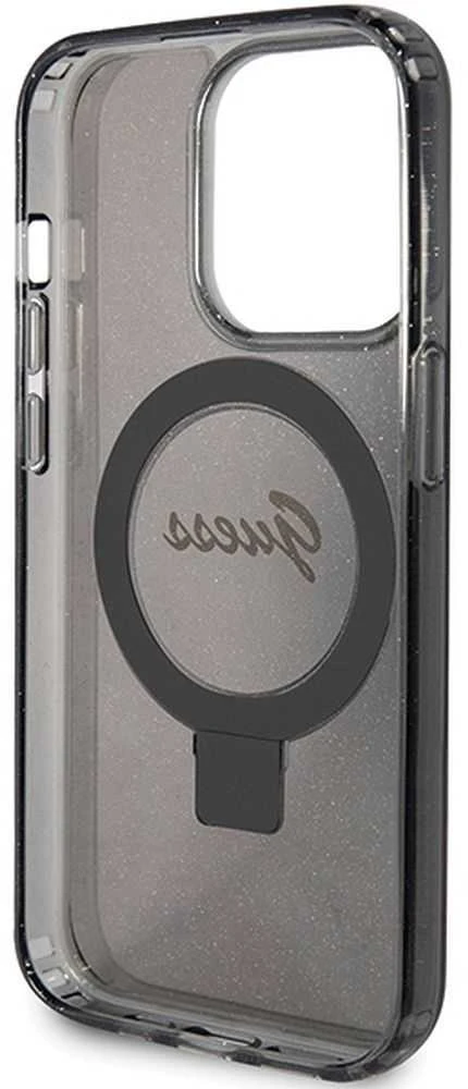 Dėklas GUESS GUHMP15XHRSGSK IPHONE 15 PRO MAX 6.7 "Juodas/Juodas HARDCASE RING STAND SCRIPT GLITTER MAGSAFE