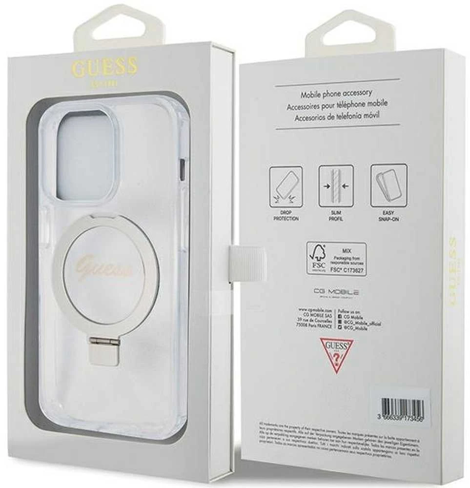Dėklas GUESS GUHMP15LHRSGSD IPHONE 15 PRO 6.1 "SKAIDRUS / SKAIDRUS KIETAS DĖLĖS ŽIEDAS STOVAS SCRIPT GLITTER MAGSAFE