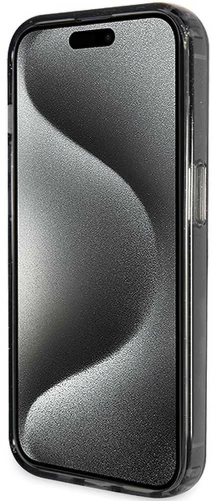 Dėklas GUESS GUHMP15XHRSGSK IPHONE 15 PRO MAX 6.7 "Juodas/Juodas HARDCASE RING STAND SCRIPT GLITTER MAGSAFE