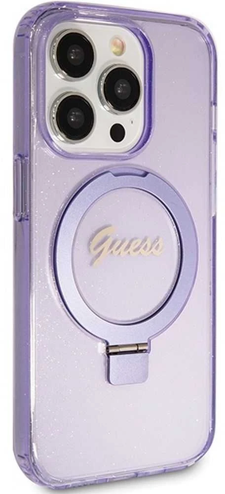 Guess GUHMP15LHRSGSU Apple iPhone 15 Pro 6.1″ violetinės spalvos kietas dėklas Ring Stand Script Glitter MagSafe