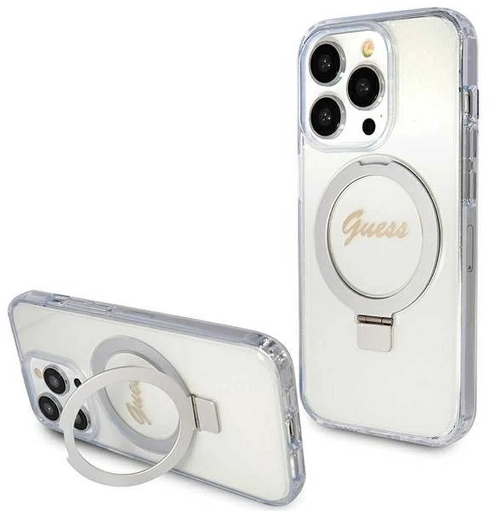 Dėklas GUESS GUHMP15XHRSGSD IPHONE 15 PRO MAX 6,7 col. SKAIDRUS / SKAIDRUS KIETOS DĖLĖS RING STOVAS SCRIPT GLITTER MAGSAFE