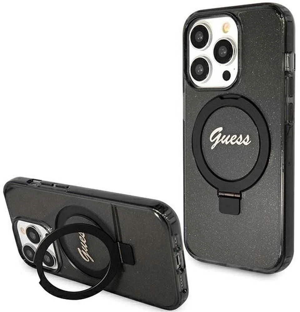 Dėklas GUESS GUHMP15XHRSGSK IPHONE 15 PRO MAX 6.7 "Juodas/Juodas HARDCASE RING STAND SCRIPT GLITTER MAGSAFE