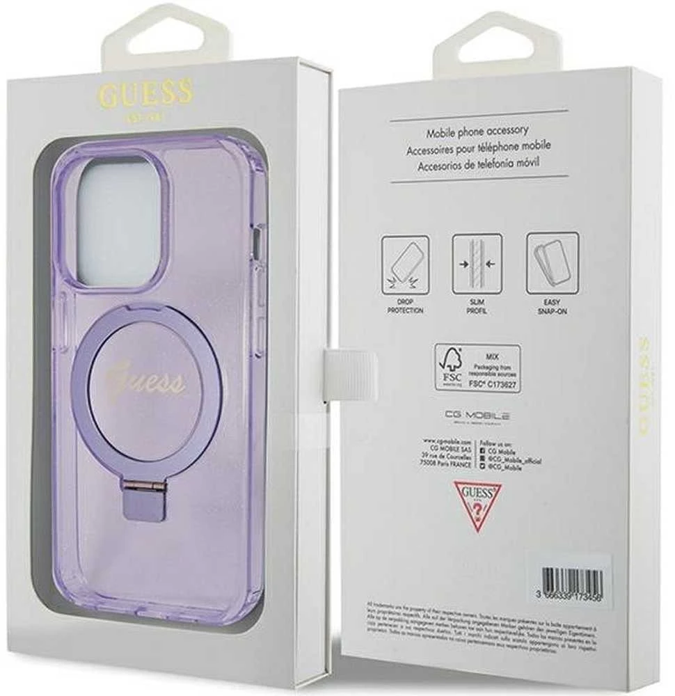 Guess GUHMP15LHRSGSU Apple iPhone 15 Pro 6.1″ violetinės spalvos kietas dėklas Ring Stand Script Glitter MagSafe