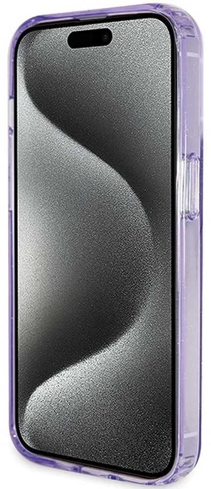 Guess GUHMP15LHRSGSU Apple iPhone 15 Pro 6.1″ violetinės spalvos kietas dėklas Ring Stand Script Glitter MagSafe