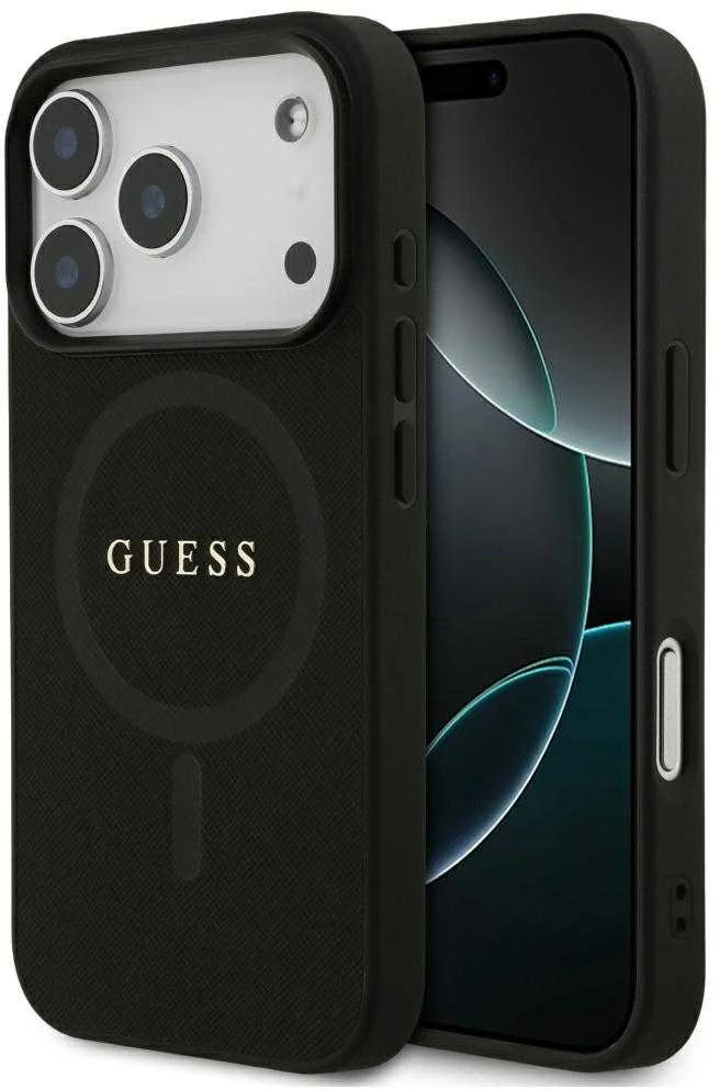 Guess Saffiano Classic Logo MagSafe dėklas Apple iPhone 17 Pro juodos spalvos