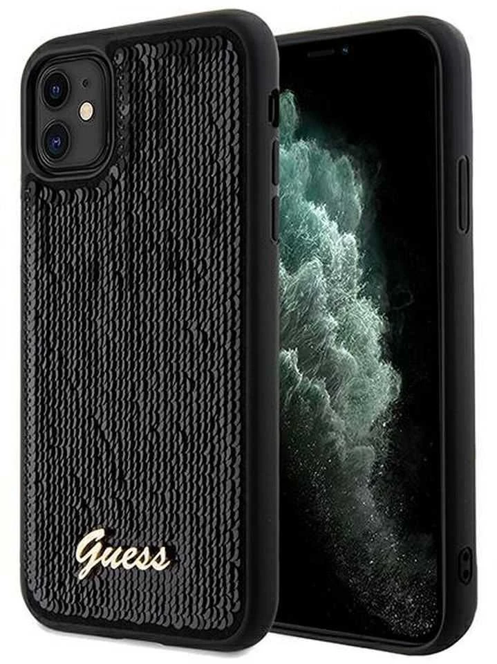Guess GUHCN61PSFDGSK Apple iPhone 11 / Xr 6.1″ juodos spalvos kietas dėklas Sequin Script Metal