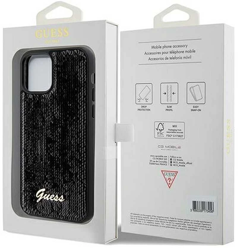 Guess GUHCP12MPSFDGSK Apple iPhone 12/12 Pro 6.1″ juodos spalvos kietas dėklas Sequin Script Metal