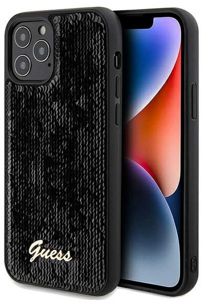 Guess GUHCP12MPSFDGSK Apple iPhone 12/12 Pro 6.1″ juodos spalvos kietas dėklas Sequin Script Metal