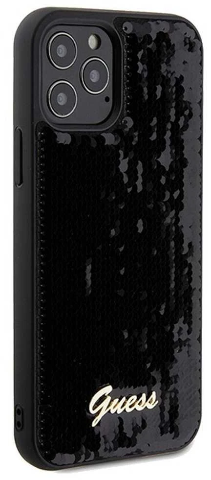 Guess GUHCP12MPSFDGSK Apple iPhone 12/12 Pro 6.1″ juodos spalvos kietas dėklas Sequin Script Metal