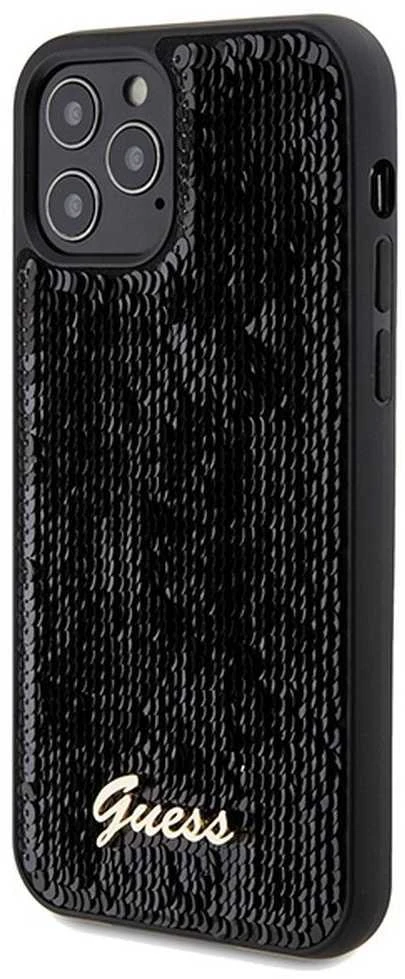 Guess GUHCP12MPSFDGSK Apple iPhone 12/12 Pro 6.1″ juodos spalvos kietas dėklas Sequin Script Metal