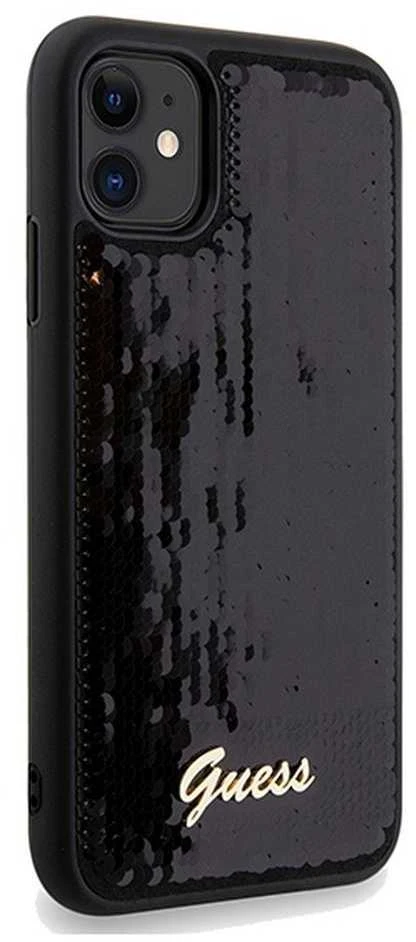 Guess GUHCN61PSFDGSK Apple iPhone 11 / Xr 6.1″ juodos spalvos kietas dėklas Sequin Script Metal