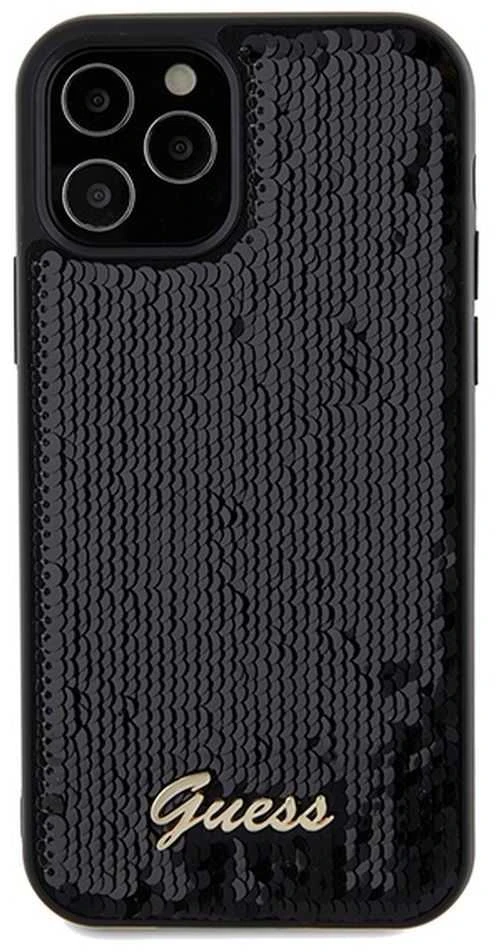 Guess GUHCP12MPSFDGSK Apple iPhone 12/12 Pro 6.1″ juodos spalvos kietas dėklas Sequin Script Metal
