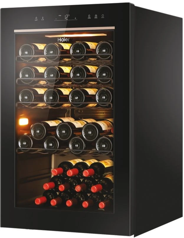 Haier Wine Bank 50 Serie 3 HWS49GAE Kompresorinis vyno aušintuvas Laisvai pastatomas Juodas 49 buteliai