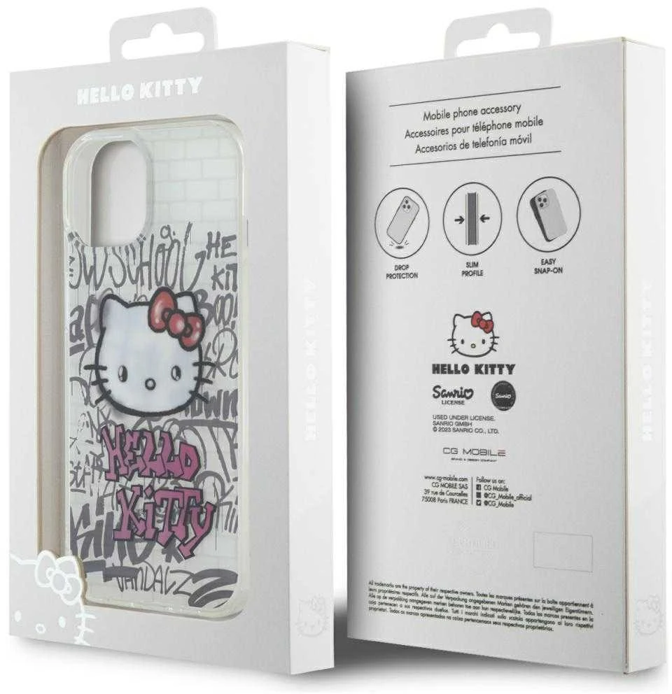 Hello Kitty HKHCP15SHDGPHT Apple iPhone 15 /14 / 13 6.1″ baltos spalvos kietas dėklas IML Kitty On Bricks Graffiti
