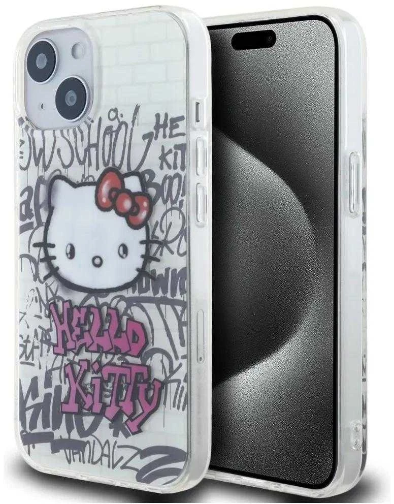 Hello Kitty HKHCP15SHDGPHT Apple iPhone 15 /14 / 13 6.1″ baltos spalvos kietas dėklas IML Kitty On Bricks Graffiti
