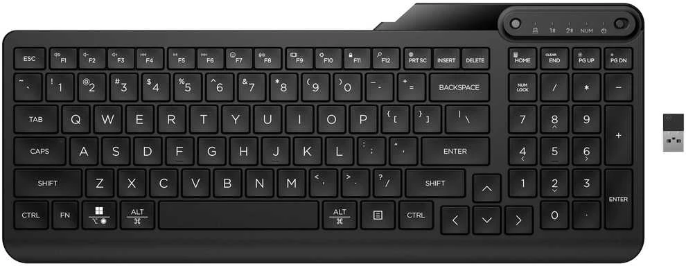 Hewlett Packard (HP) HP 475 Wireless Silent Klaviatūra - dviejų režimų, atsparus išsiliejimui, dezinfekuojamas, programuojamas - Juodas - US ENG