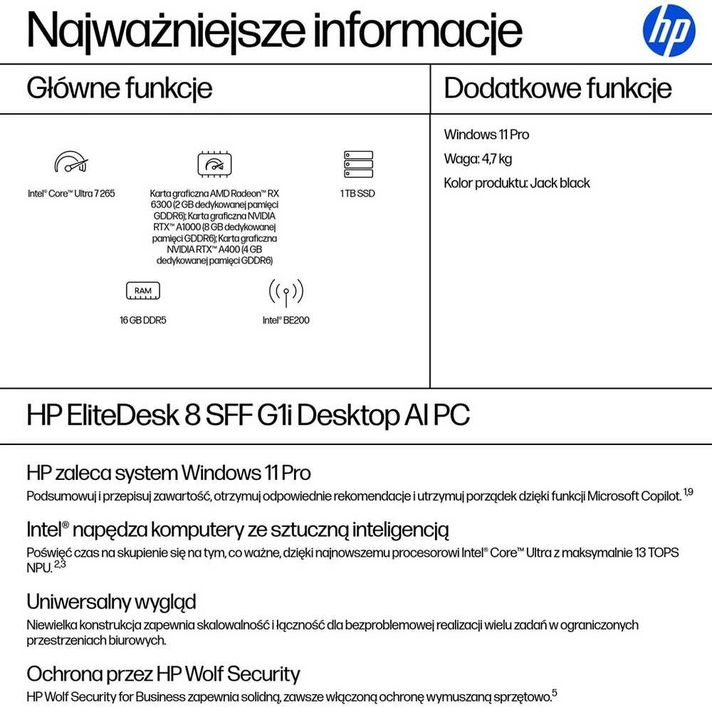 Stacionarus kompiuteris Hewlett Packard (HP) HP EliteDesk 8 SFF G1i Ultra 7 265 16GB DDR5 5600 SSD 1TB Arc W11Pro 3Y OnSite