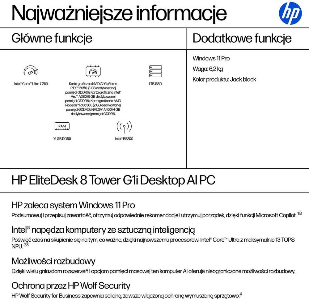 Stacionarus kompiuteris „Hewlett Packard“ (HP) „HP EliteDesk 8 Tower G1i“ su dirbtiniu intelektu „Intel Core Ultra 7 265“ procesoriumi, 16 GB DDR5-SDRAM, 1 TB SSD, „Windows 11 Pro“ kompiuteriu, dirbtiniu intelektu, juodu.