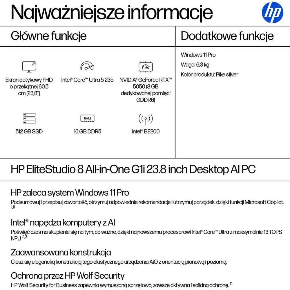 Stacionarus kompiuteris Hewlett Packard (HP) HP EliteStudio 8 G1i AI PC Intel Core Ultra 5 235 60.5 cm (23.8") 1920 x 1080 px Jutiklinis ekranas All-in-One PC 16 GB DDR5-SDRAM 512 GB SSD Windows 11 Pro Wi-Fi 7 (802.11be) Sidabrinis
