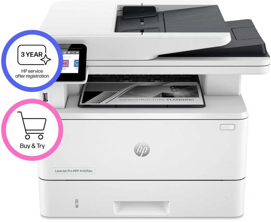 Spausdintuvas Hewlett Packard (HP) HP LaserJet Pro MFP 4102fdw MFP Mono lazerinis A4 38 psl./min. Kopijavimas 40 psl./min. Spausdinimas 350 lapų LAN „Wi-Fi“ USB „Bluetooth“ USB