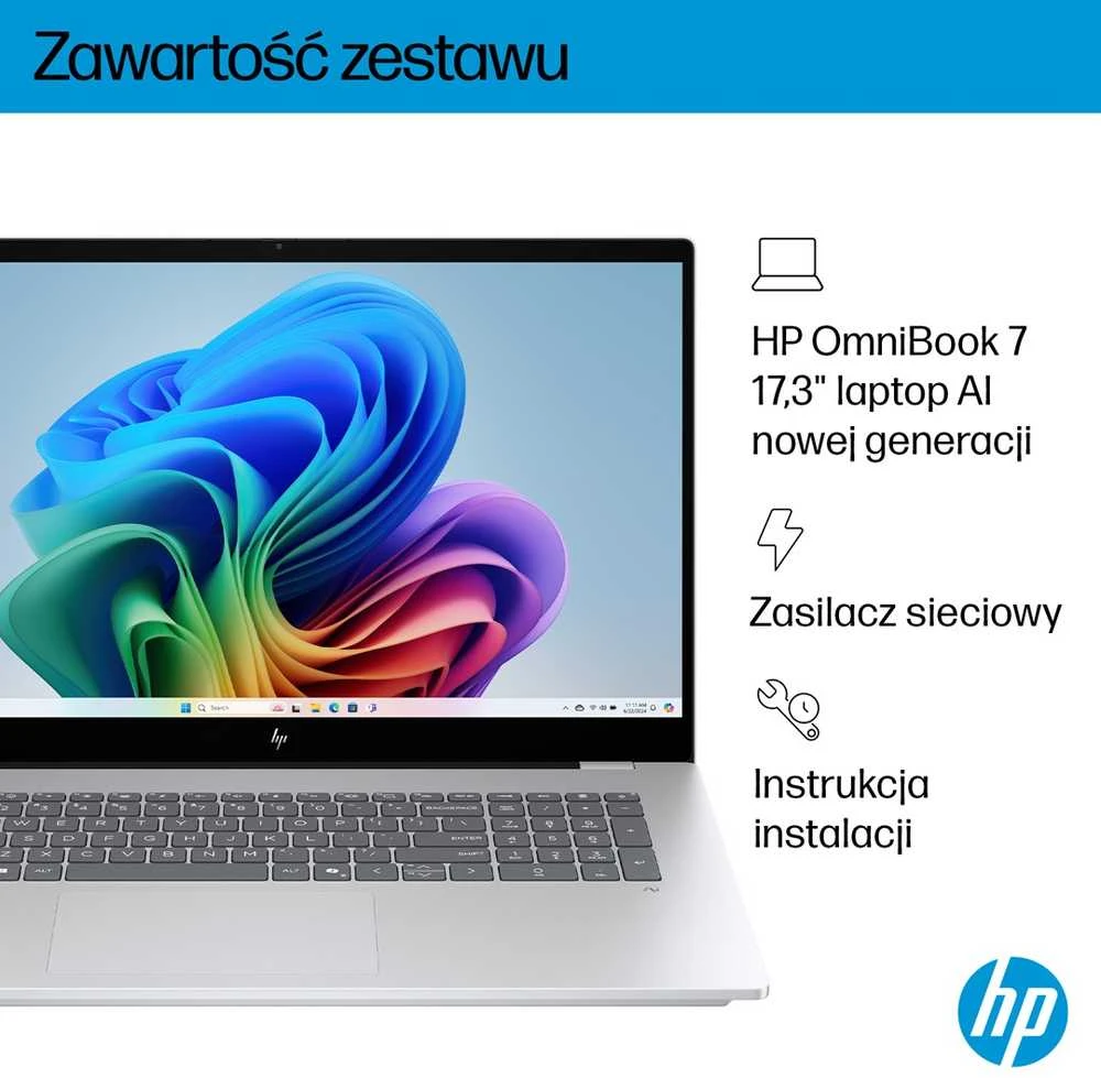 Hewlett Packard (HP) HP OmniBook 7 Next Gen AI 17-DC0073CL Copilot+ asmeninis kompiuteris Intel Core Ultra 7 258V Nešiojamas kompiuteris 43,9 cm (17,3") Full HD lietimui jautrus ekranas 32 GB LPDDR5x-SDRAM 1 TB SSD NVIDIA GeForce RTX 4050 Wi-Fi 6E (802.11ax) Windows 11 Home Sidabrinis Naujas Perpakuotas/Perpakuotas (Pažeista pakuotė)