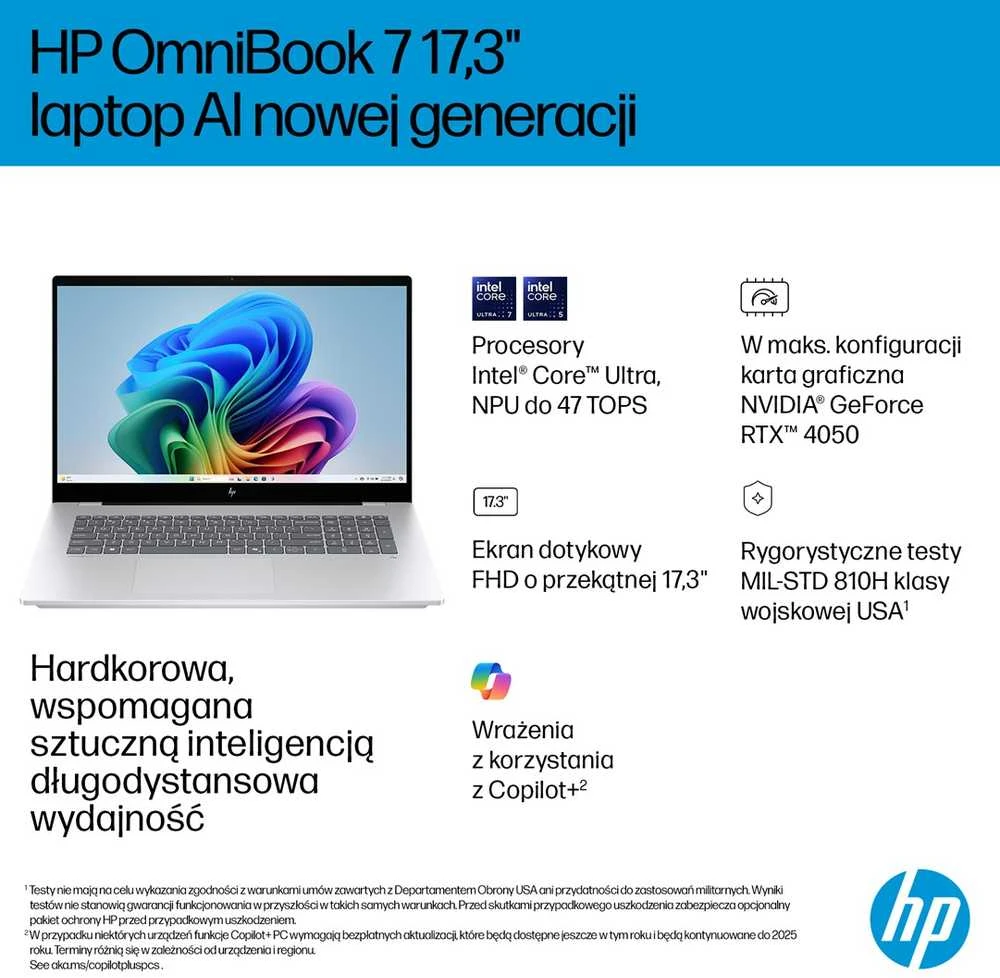 Hewlett Packard (HP) HP OmniBook 7 Next Gen AI 17-DC0073CL Copilot+ asmeninis kompiuteris Intel Core Ultra 7 258V Nešiojamas kompiuteris 43,9 cm (17,3") Full HD lietimui jautrus ekranas 32 GB LPDDR5x-SDRAM 1 TB SSD NVIDIA GeForce RTX 4050 Wi-Fi 6E (802.11ax) Windows 11 Home Sidabrinis Naujas Perpakuotas/Perpakuotas (Pažeista pakuotė)