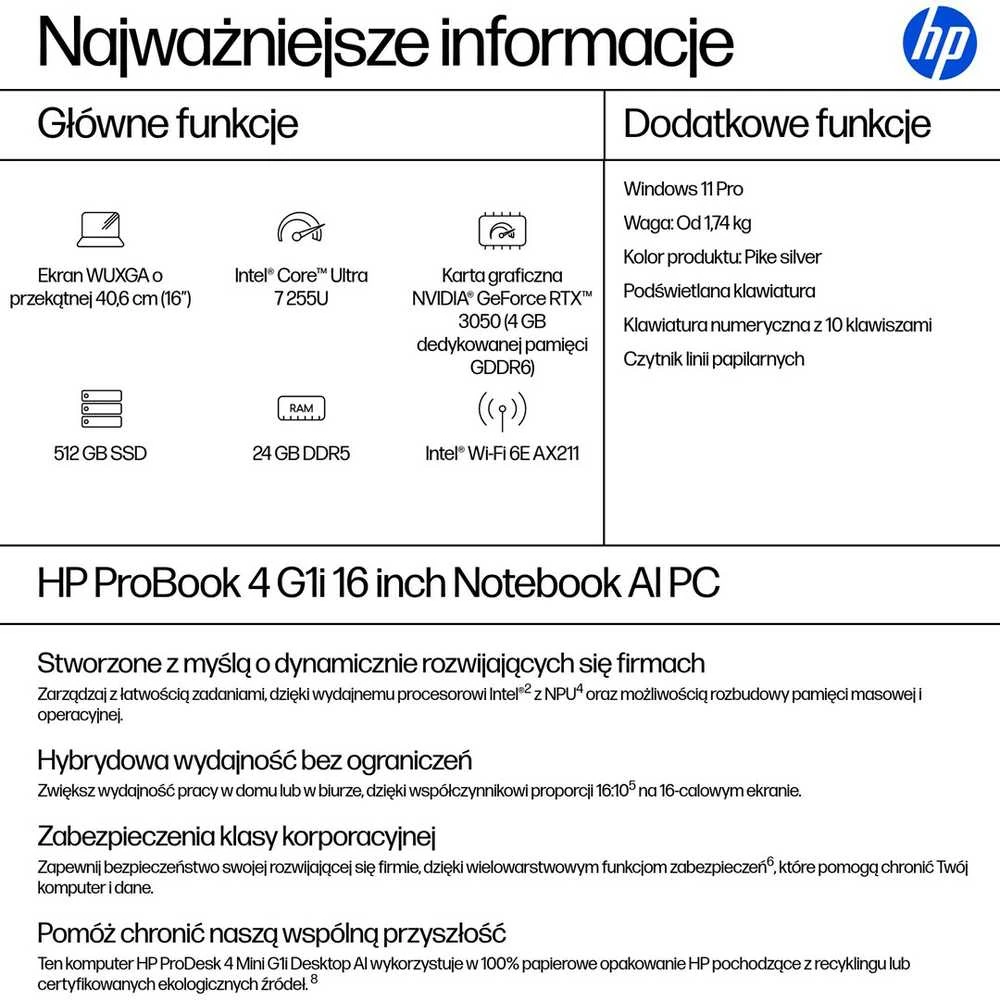Nešiojamas kompiuteris HP ProBook 4 G1i 16 - Ultra 7 255U | 16 colių | 24 GB | 512 GB | W11P