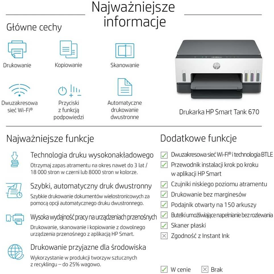 Daugiafunkcis rašalinis spausdintuvas HP Smart Tank 670, spausdinimas / kopijavimas / skenavimas, spalvotas, A4, papildoma rašalo talpykla, automatinis dvipusis, Wi-Fi