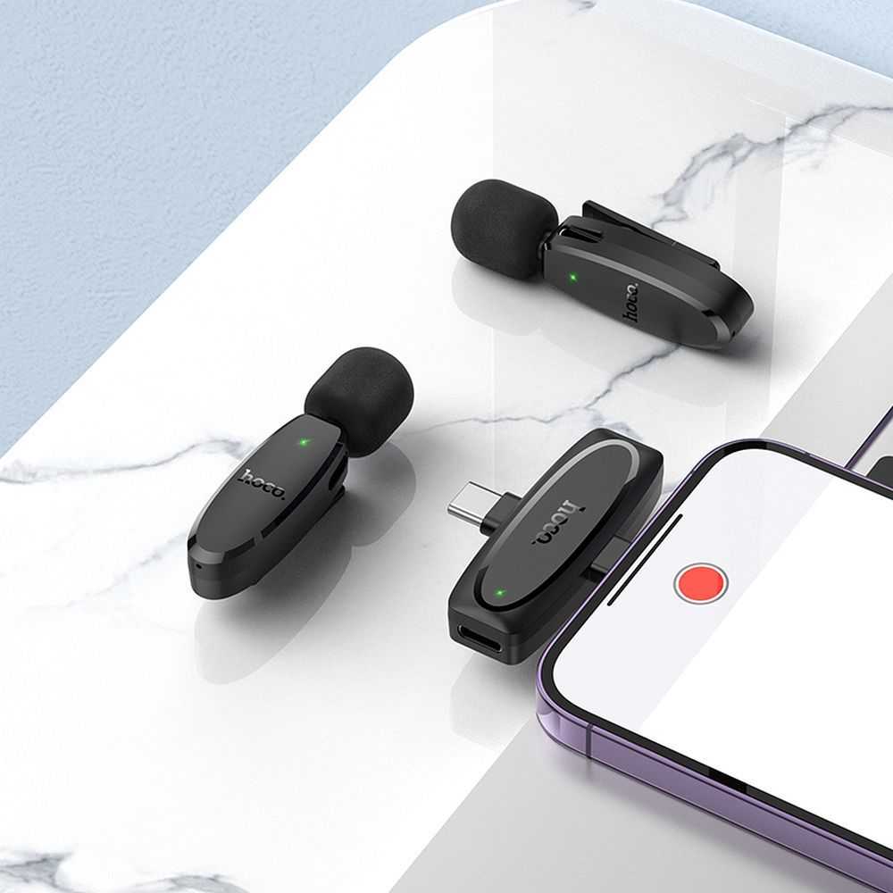Belaidis prisegamas mikrofonas „Lightning“ / USB C Hoco 2 vnt. L15 juodas